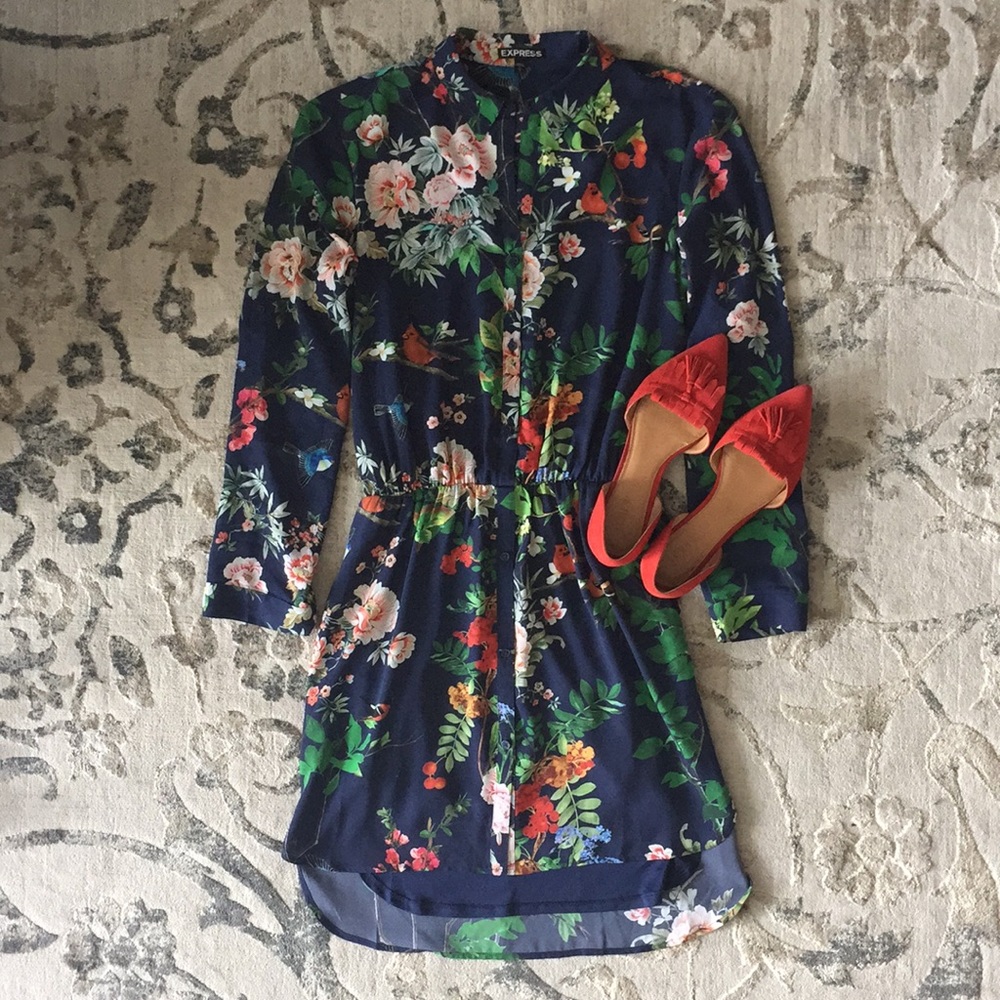 Floral Collared Navy Long Sleeve Summer Dress